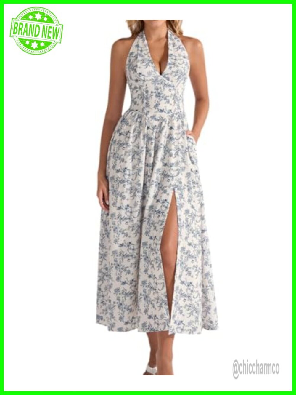 Women's Floral Halter Corset Midi Dress with Pockets and Slit